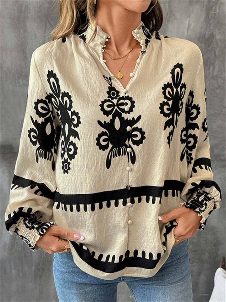 Ladies' Vintage Ethnic Style Printed Stand Collar Long Sleeve Blouses