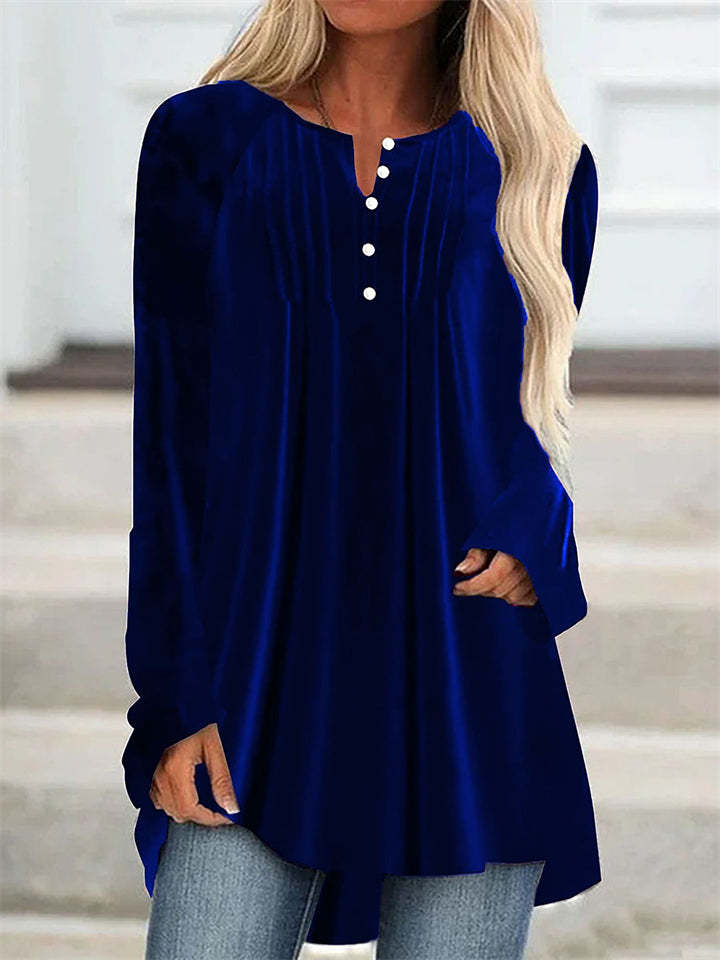Women's Solid Color Velvet Pleated Asymmetrical Hem Long Sleeve Shirts