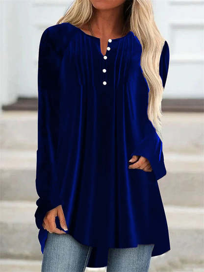 Women's Solid Color Velvet Pleated Asymmetrical Hem Long Sleeve Shirts