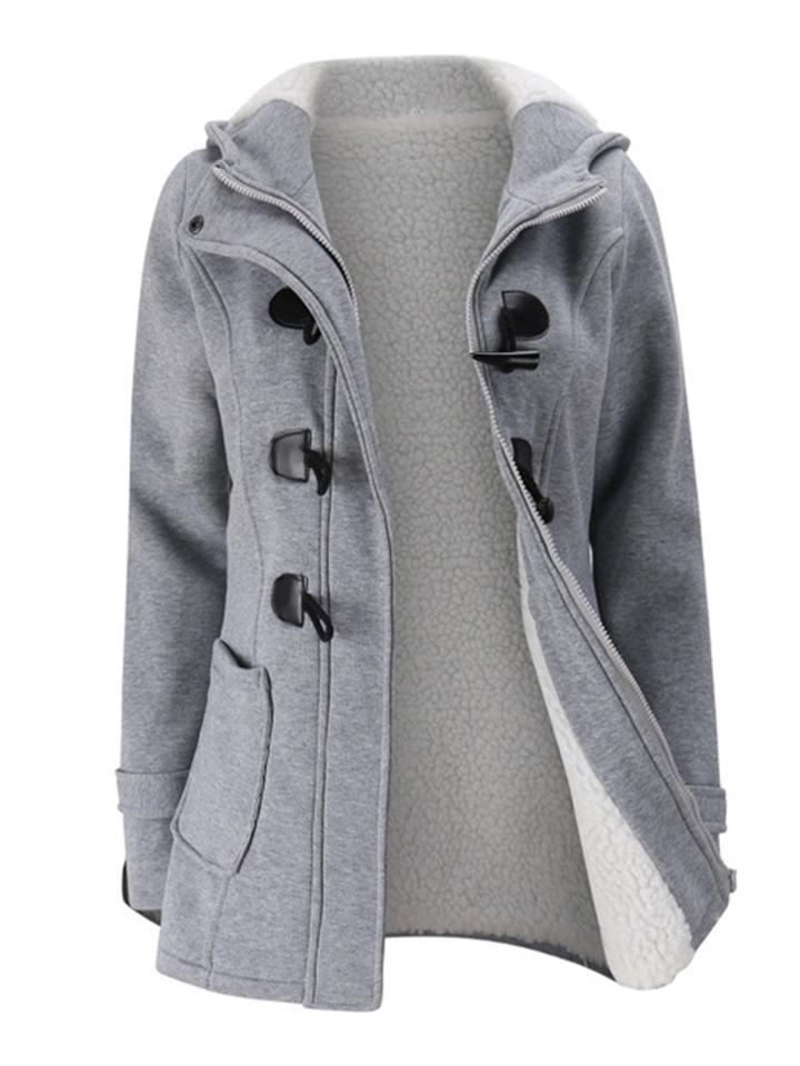 Women's Retro Fleeced Solid Color Horn Buckle Hooded Jackets