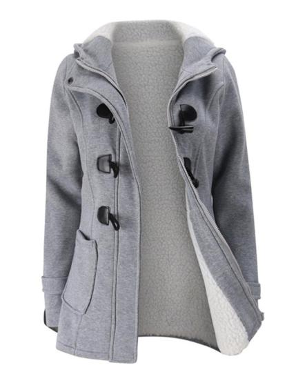 Women's Retro Fleeced Solid Color Horn Buckle Hooded Jackets