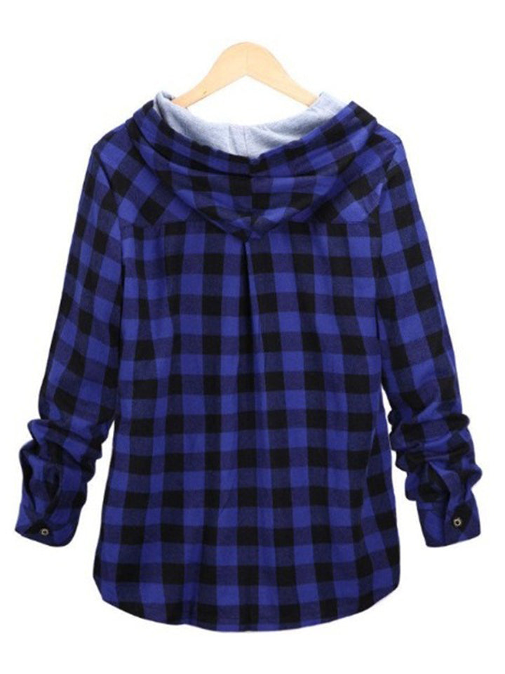 Women's Contrasting Plaid Long Sleeve Button Up Hooded Shirts