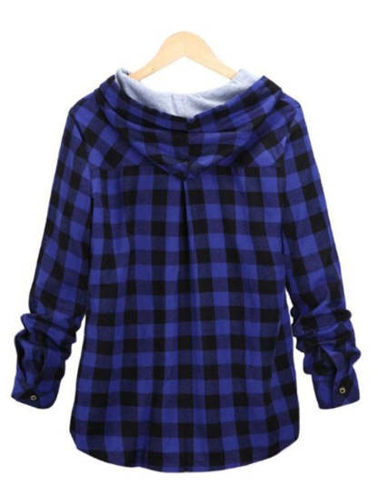 Women's Contrasting Plaid Long Sleeve Button Up Hooded Shirts