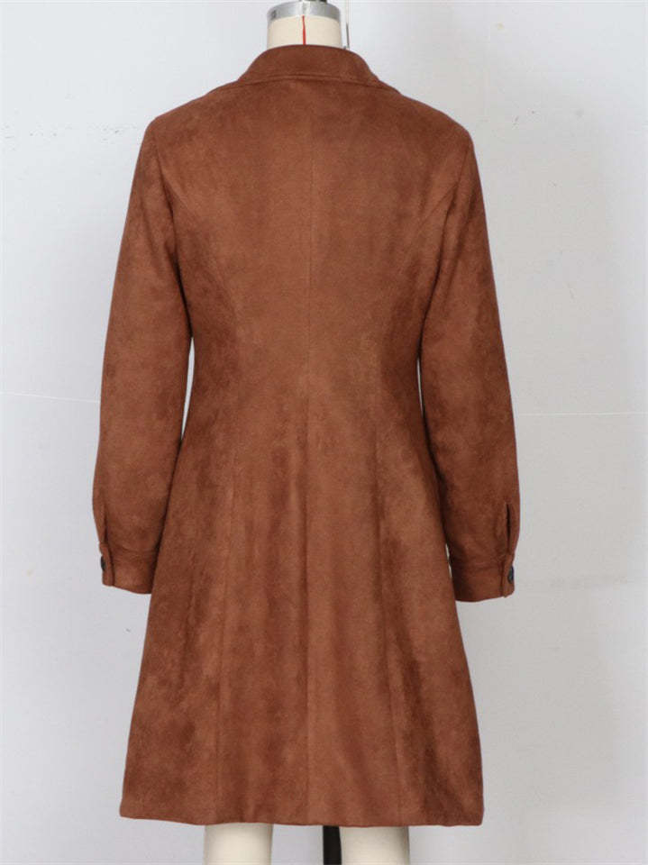 Vintage Autumn Faux Suede Single Breasted Midi Coats for Women
