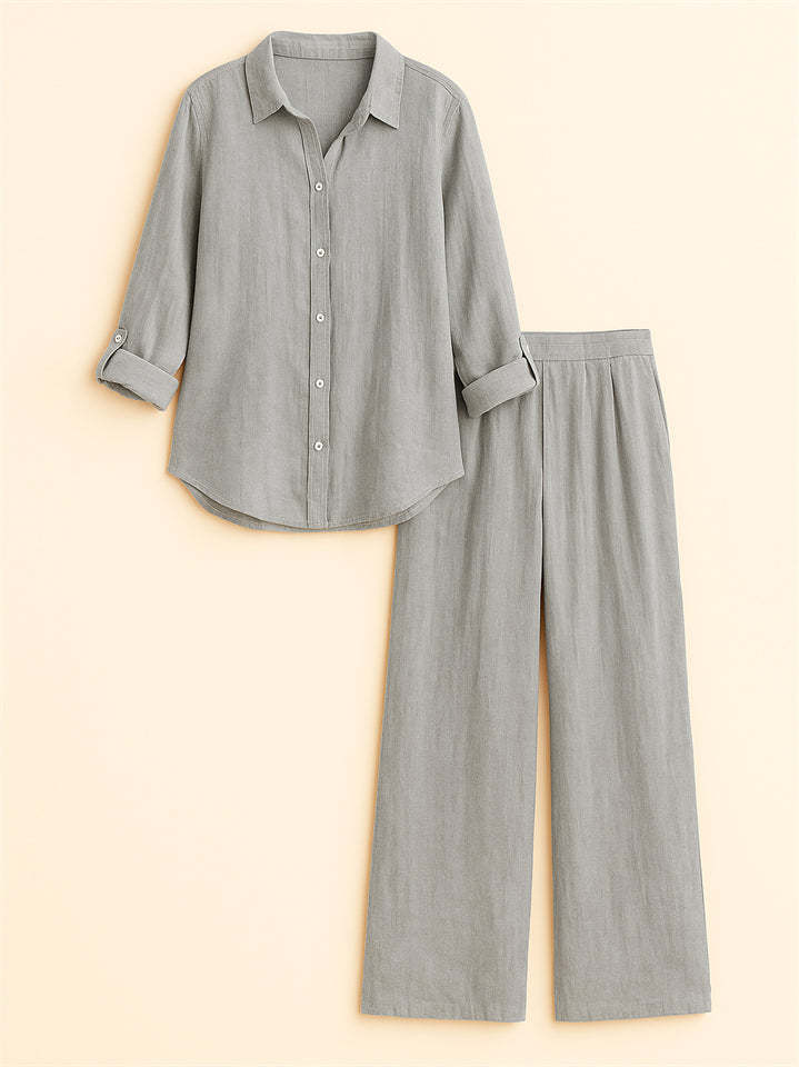 Casual Holiday Style Lapel Solid Color Long Sleeve Shirt & Pant Set