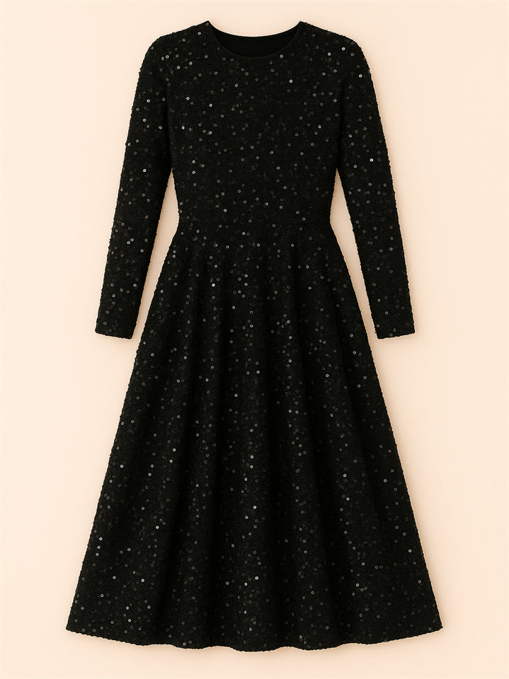 Trendy Sequined Solid Color Long Sleeve Big Hem Maxi Dress