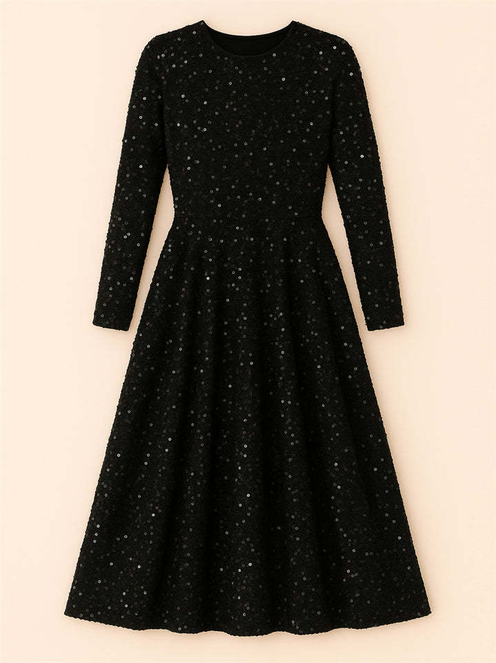 Trendy Sequined Solid Color Long Sleeve Big Hem Maxi Dress