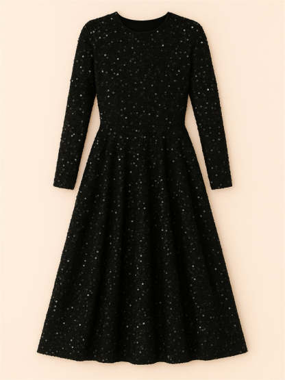 Trendy Sequined Solid Color Long Sleeve Big Hem Maxi Dress