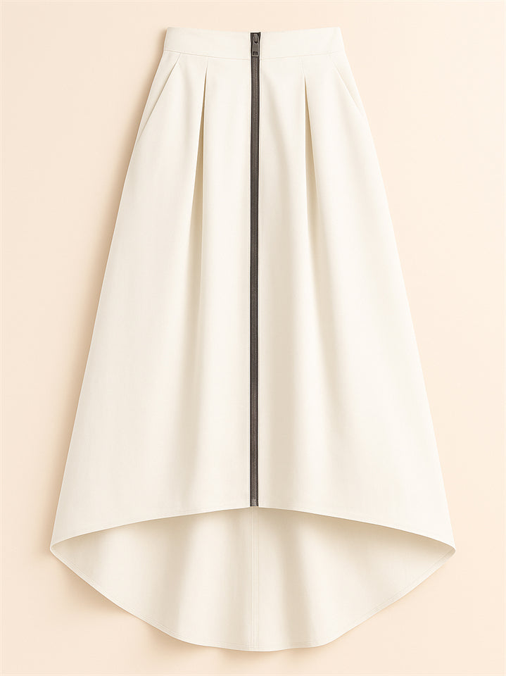 Women's Trendy Solid Color Pockets Zip Up High Waist Asymmetric Hem Skirts