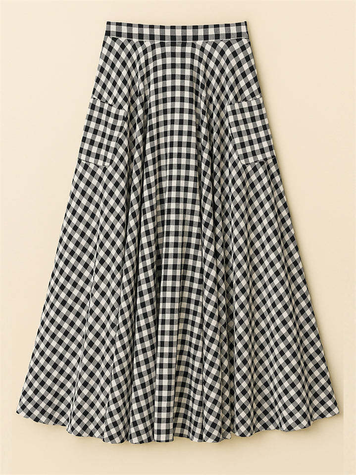 Women's High Waist Vintage Plaid Drape Big Hem Skirts