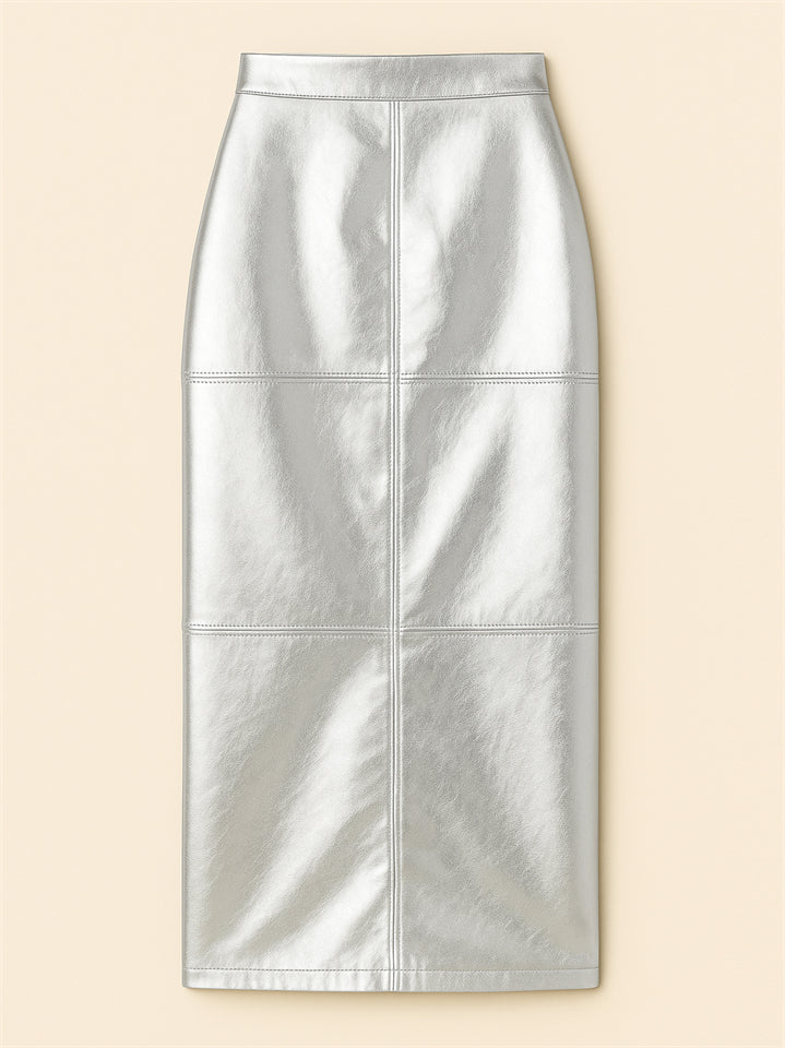 Women's Trendy PU Leather Glossy Solid Color Back Slit Skirts