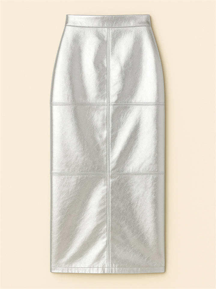 Women's Trendy PU Leather Glossy Solid Color Back Slit Skirts