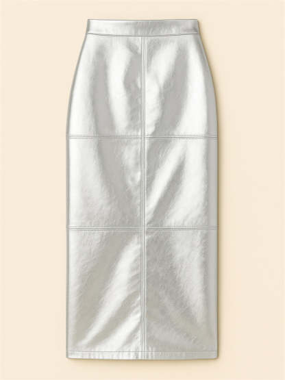 Women's Trendy PU Leather Glossy Solid Color Back Slit Skirts