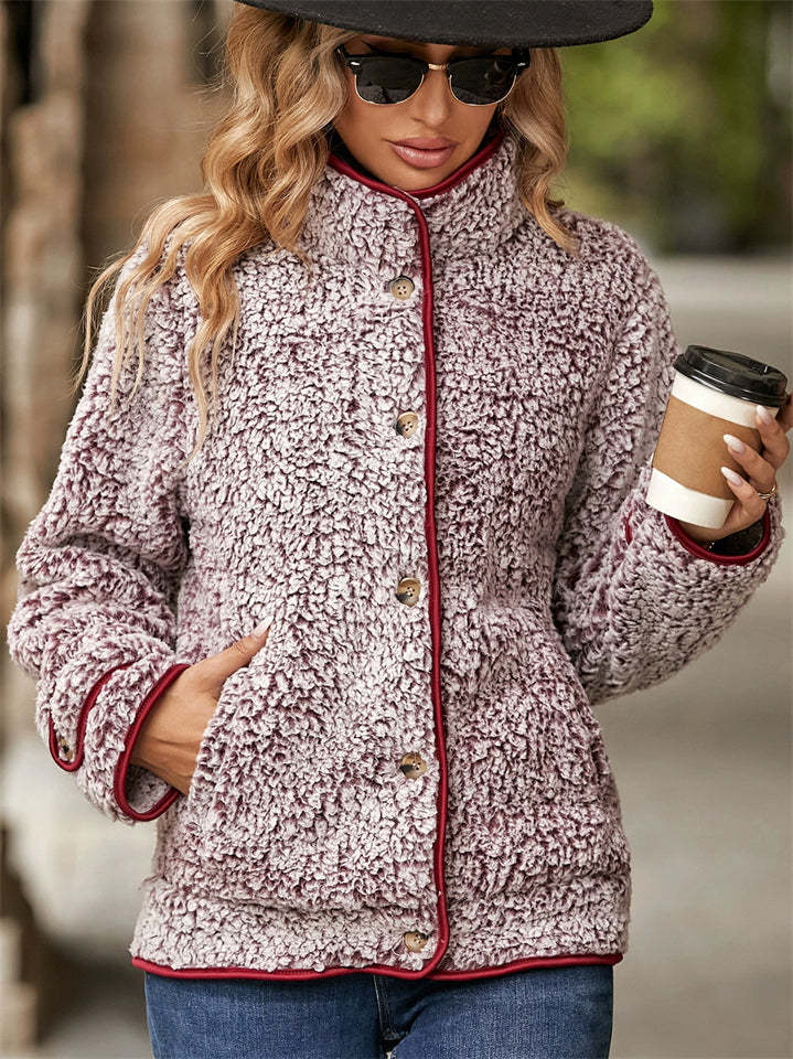 Casual Autumn Contrast Trim Single Breasted Lapel Fleece Coats
