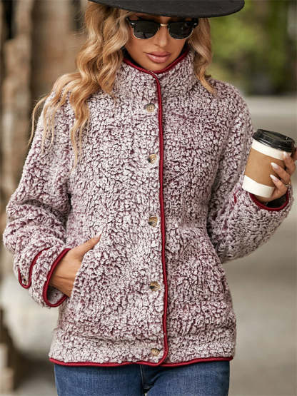 Casual Autumn Contrast Trim Single Breasted Lapel Fleece Coats