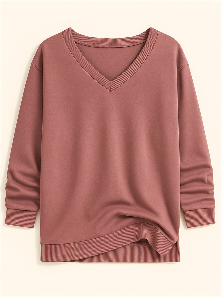 Casual Solid Color V-neck Long-sleeved Pullover Loose Sweatshirts for Women