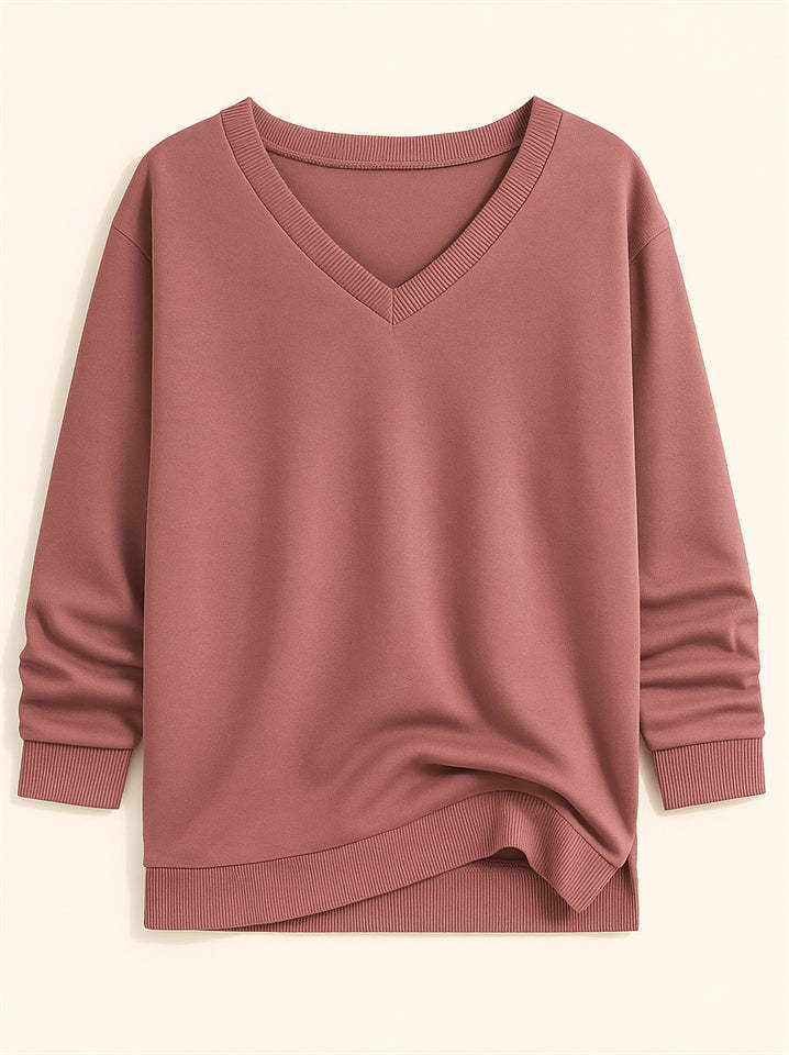 Casual Solid Color V-neck Long-sleeved Pullover Loose Sweatshirts for Women