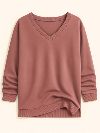 Casual Solid Color V-neck Long-sleeved Pullover Loose Sweatshirts for Women