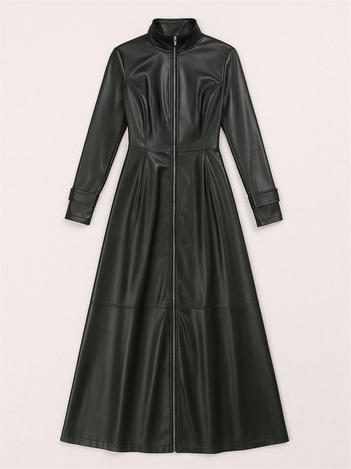 Women's Retro Solid Color Zip Up Stand Collar Slim Fit PU Leather Dress