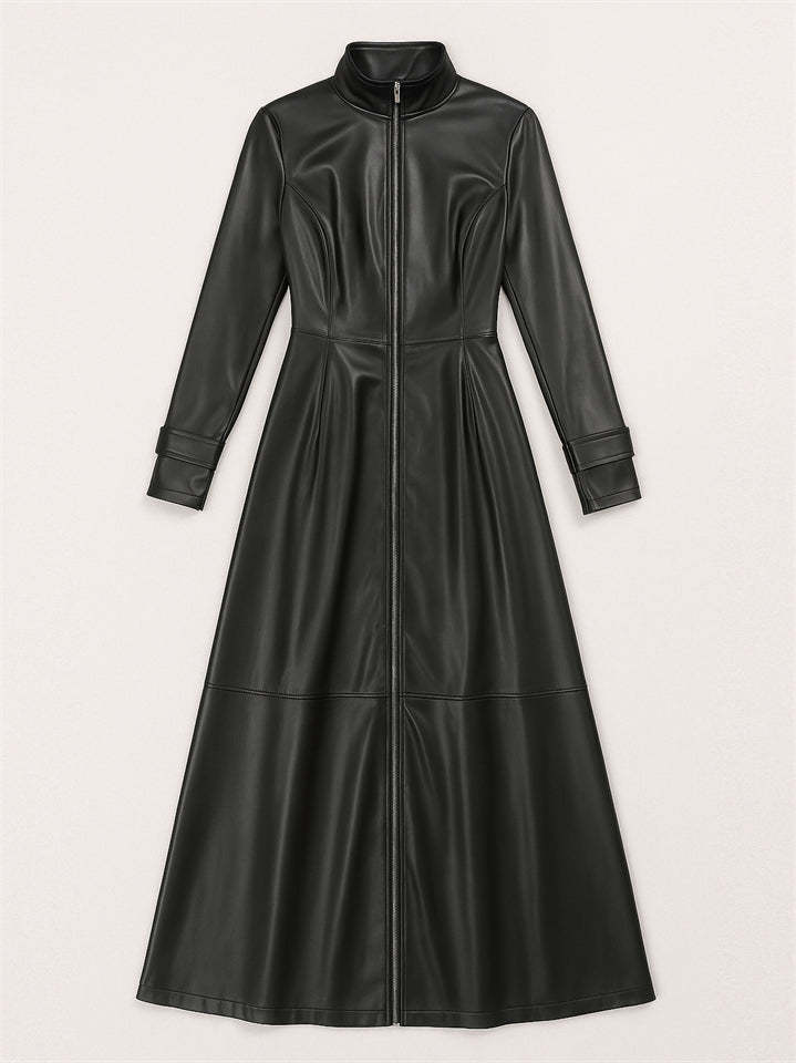 Women's Retro Solid Color Zip Up Stand Collar Slim Fit PU Leather Dress
