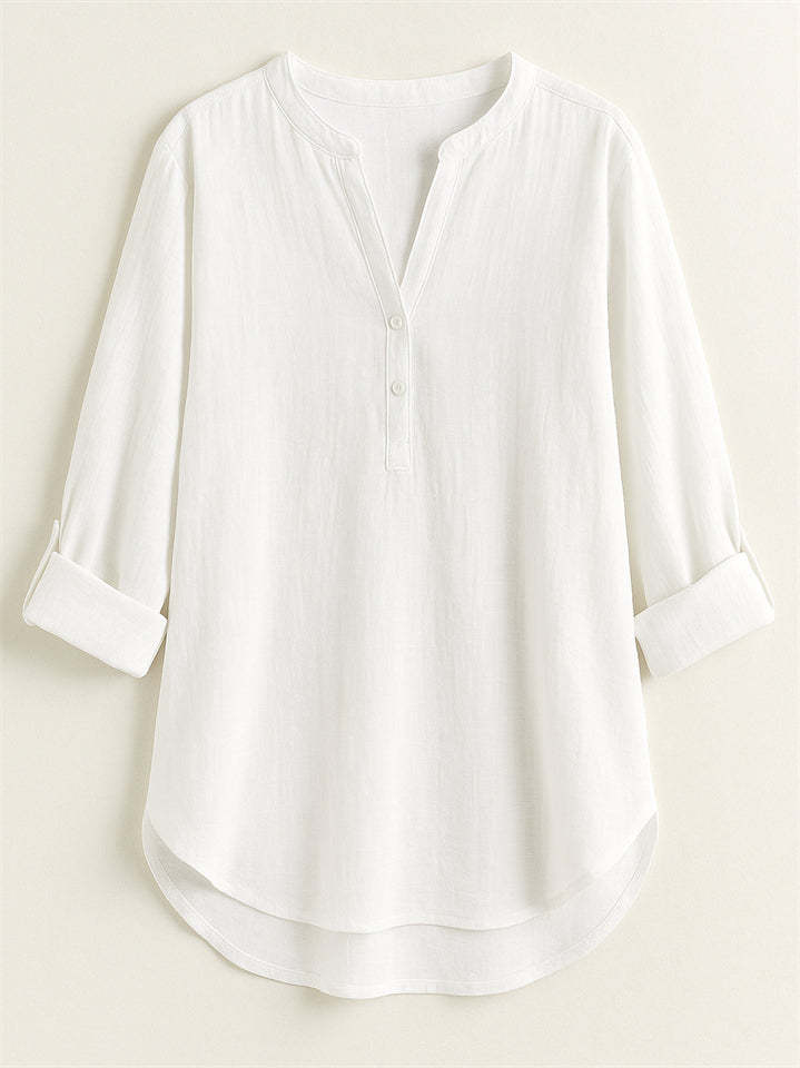 Women's Summer Solid Color Holiday Style V Neck Long Sleeve Shirt