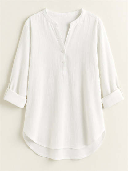 Women's Summer Solid Color Holiday Style V Neck Long Sleeve Shirt