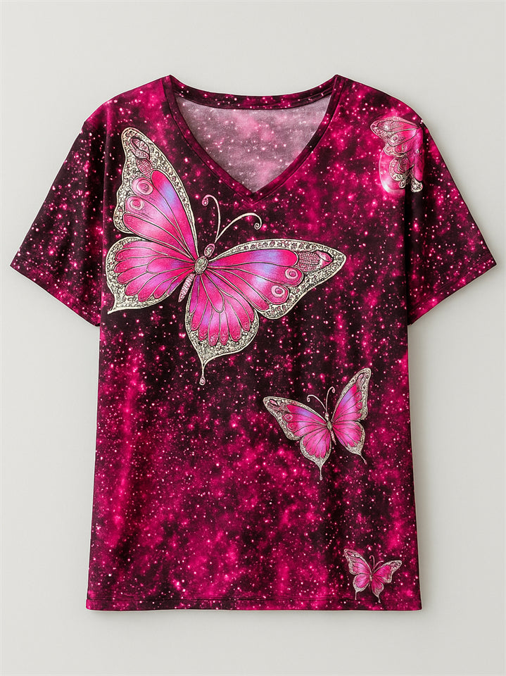 Women's Casual Short-Sleeved V Neck Butterfly Print T-Shirt