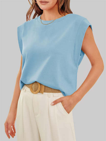 Ladies' Elegant Macaron Color Round Neck Sleeveless Shirts