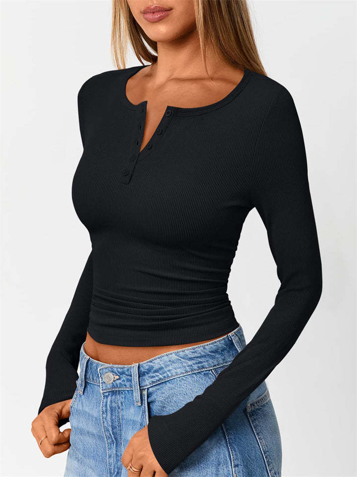 Solid Color Striped Buttons Pullover Slim-fit Long Sleeve Shirts for Women