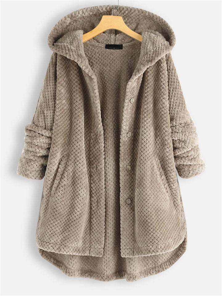 Women's Autumn Fleeced Solid Color Loose Hooded Coats