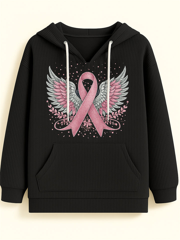 Female's Wings& Ribbon Print Long-sleeved Kangaroo Pocket Hoodies