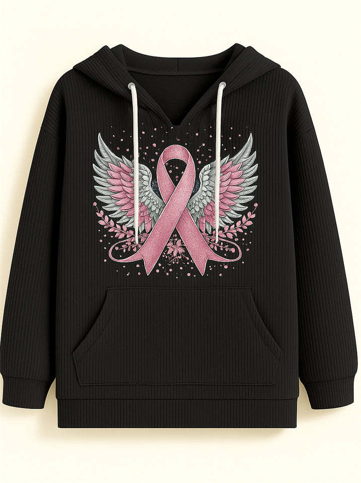 Female's Wings& Ribbon Print Long-sleeved Kangaroo Pocket Hoodies