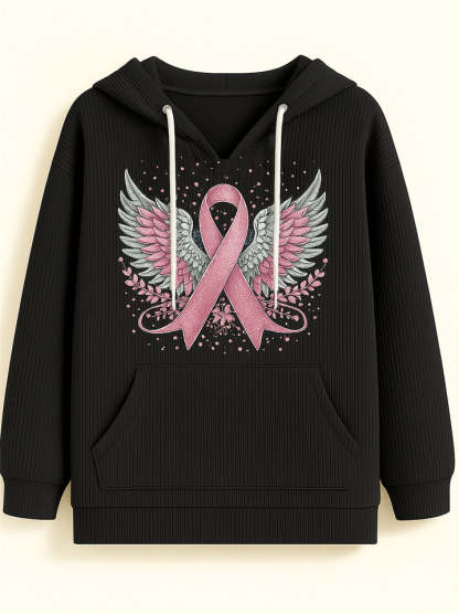 Female's Wings& Ribbon Print Long-sleeved Kangaroo Pocket Hoodies