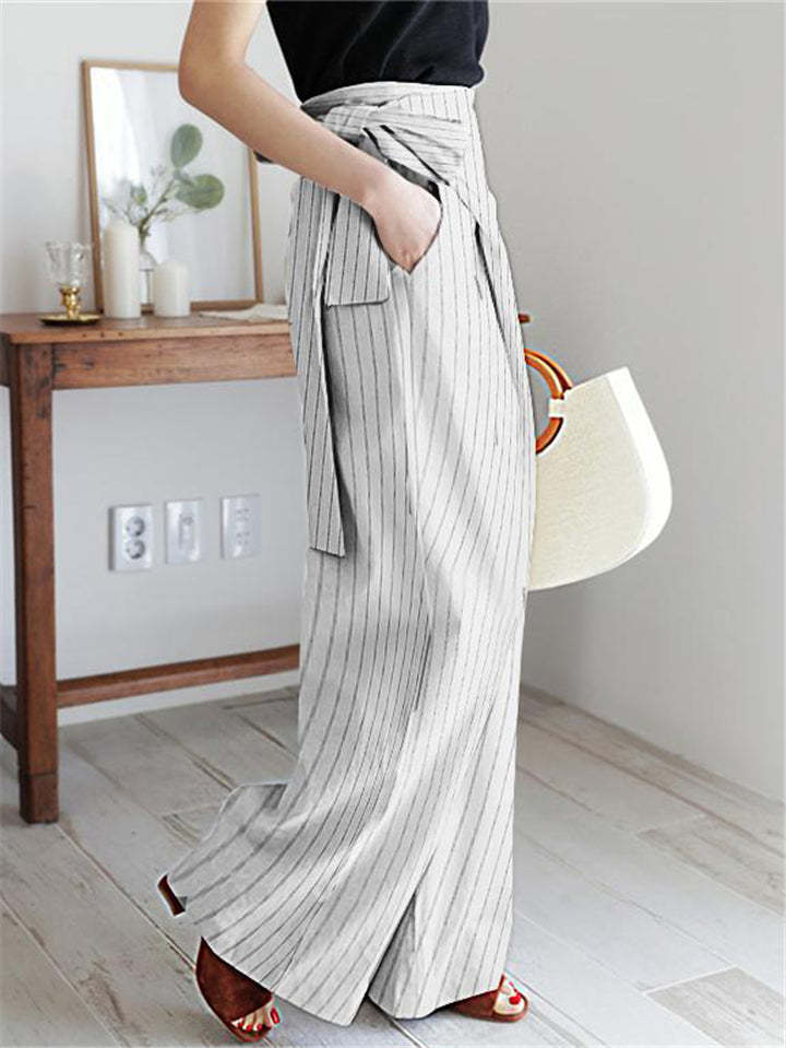 Ladies' Elegant Trendy Striped Lace Up High Waist Straight Pants