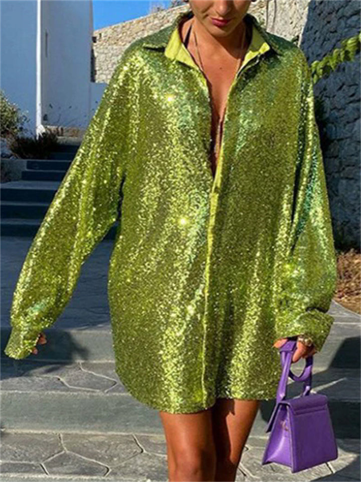 Women's American Style Solid Color Bling Sequin Long Sleeve Blouses