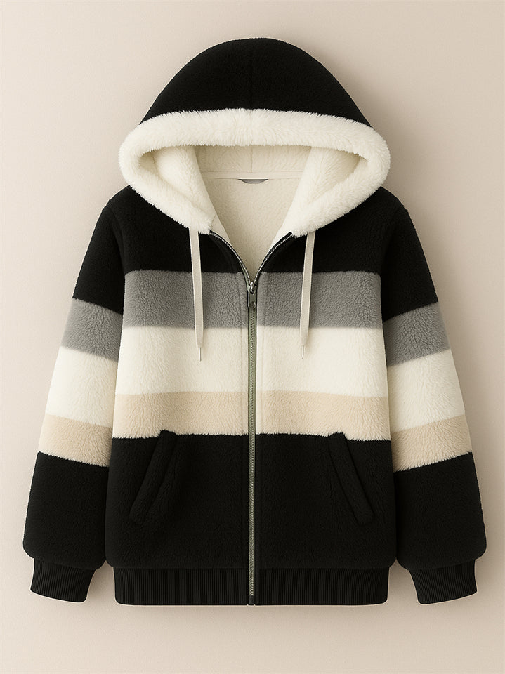 Women's Winter Color Block Cozy Faux Fur Fleece Zip Up Hooded Coat