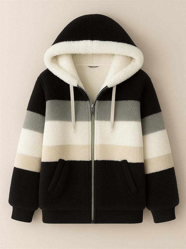 Women's Winter Color Block Cozy Faux Fur Fleece Zip Up Hooded Coat
