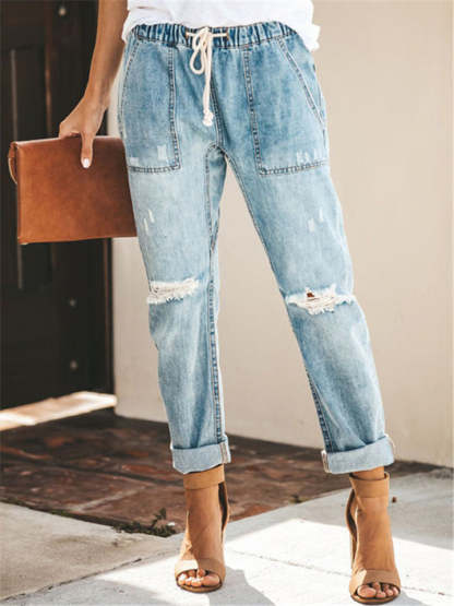 Women's Elastic Waist Solid Color Ripped Jeans