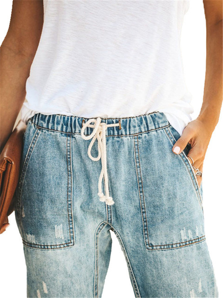 Women's Elastic Waist Solid Color Ripped Jeans