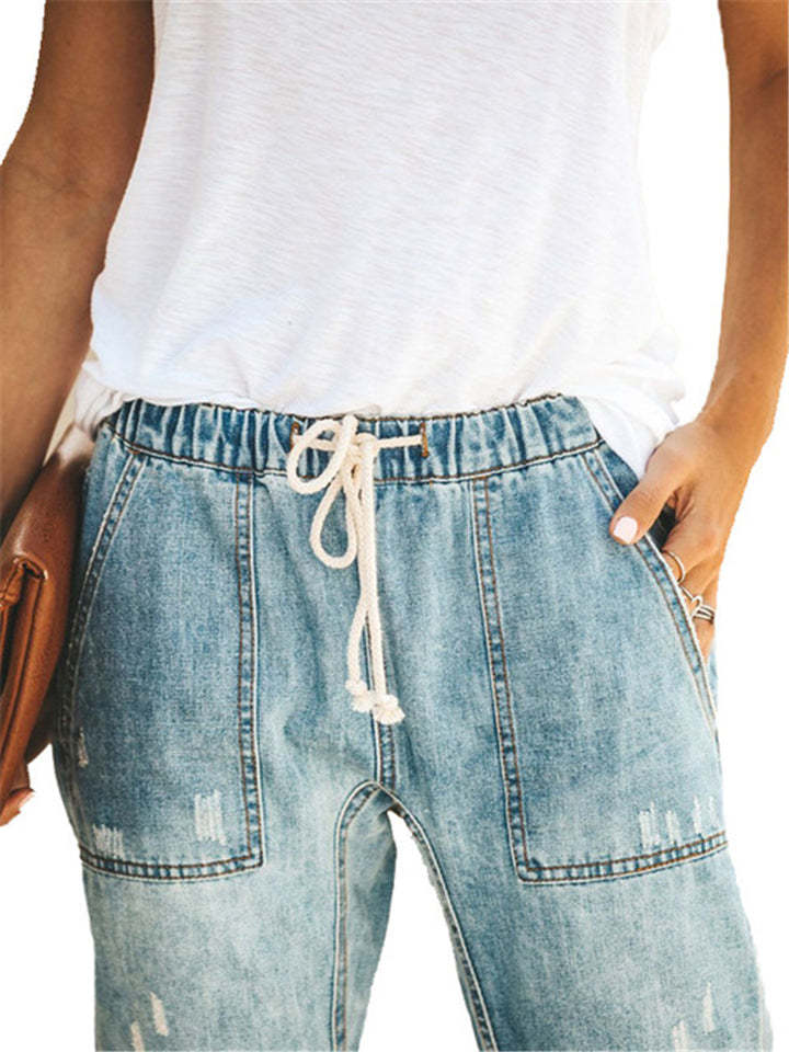 Women's Elastic Waist Solid Color Ripped Jeans