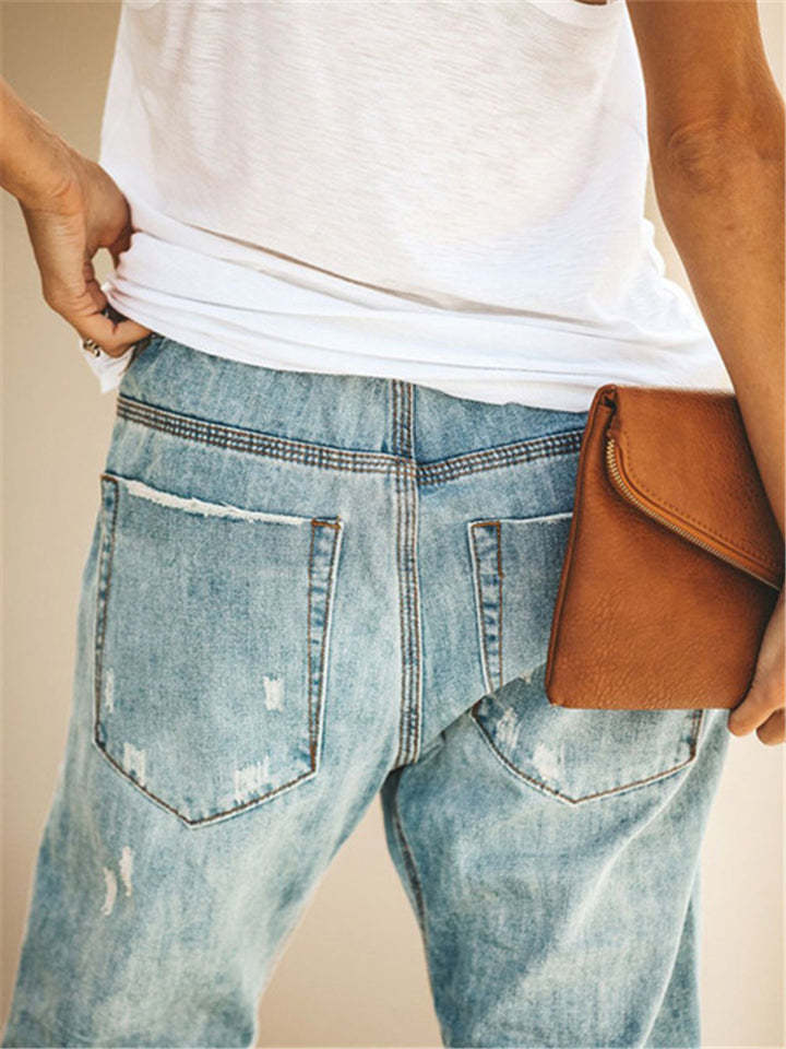 Women's Elastic Waist Solid Color Ripped Jeans