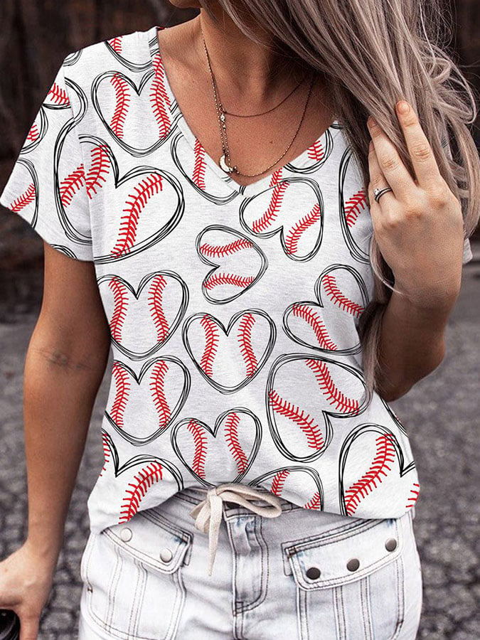 Heart-Shape Baseball Graphic V Neck Shift Casual T-Shirts