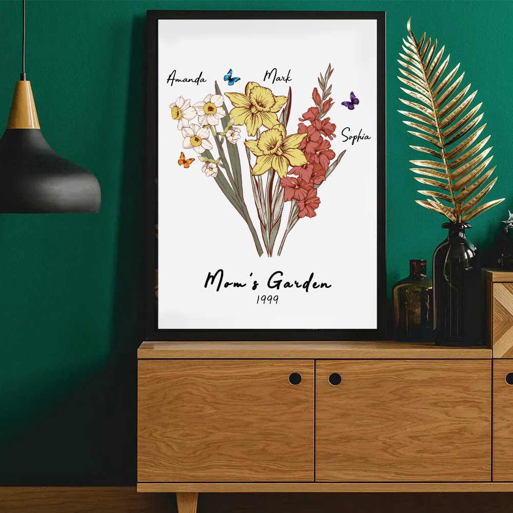 Butterfly Birth Flower Family Bouquet Personalized Names Frame