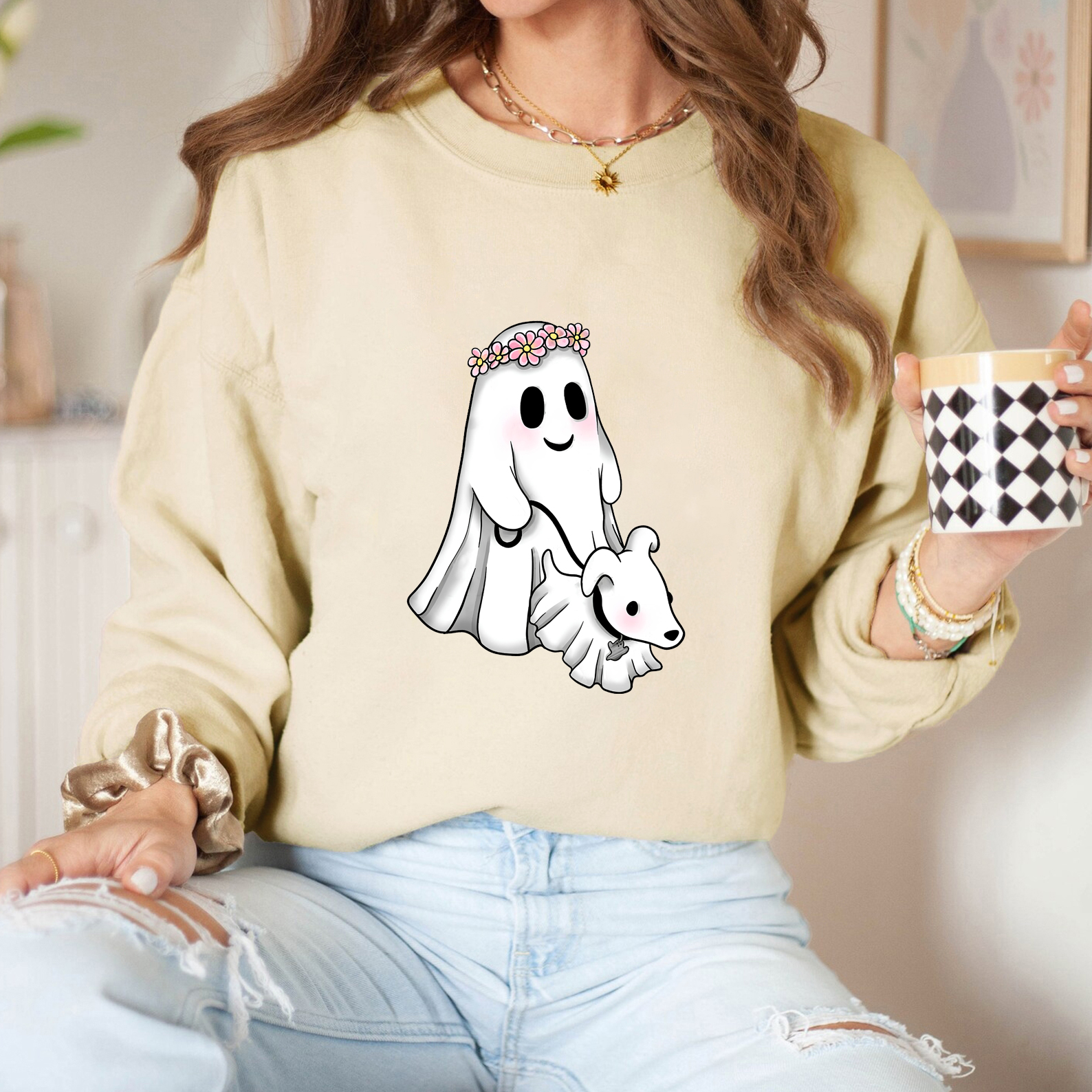 Cute Ghost Walking Dog & Flower Crown Halloween Shirt