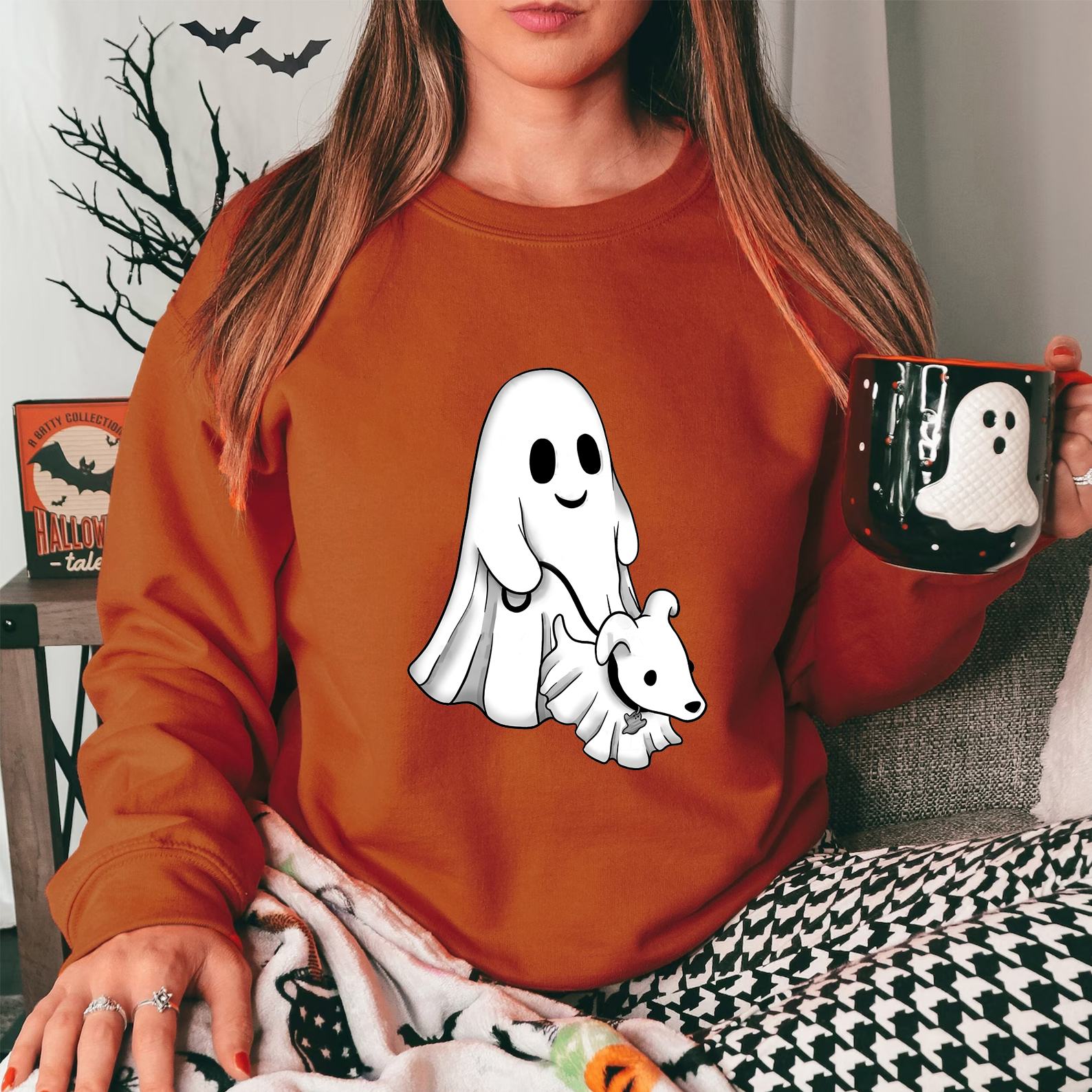Cute Ghost Walking Dog & Flower Crown Halloween Shirt