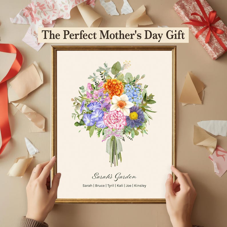 Birth Flower Family Bouquet Custom Names Frame