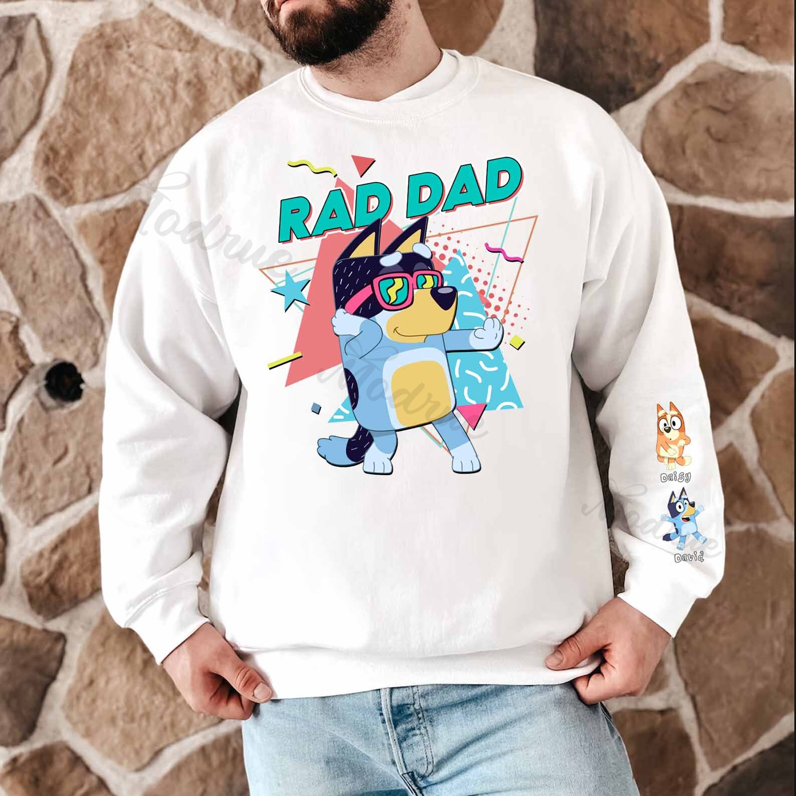 Custom Cartoon DAD Sweatshirt with Kid's Name on Sleeve