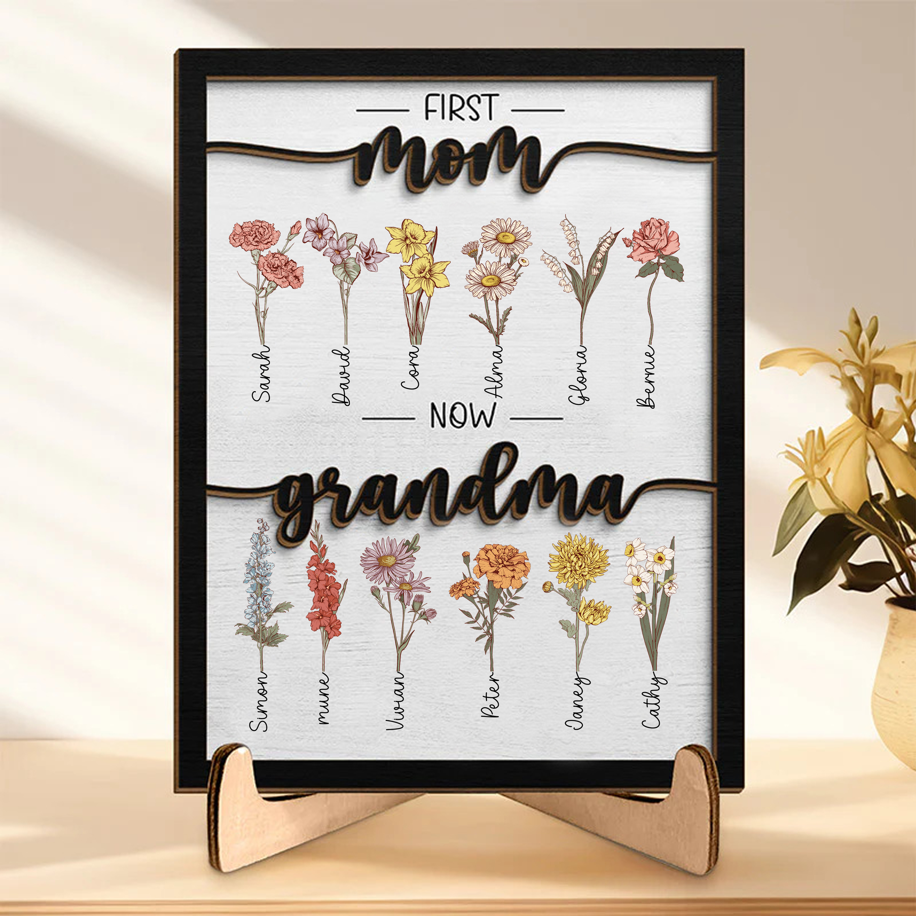 First Mom Now Grandma - Family Personalized Custom 2-Layered Wooden Plaque With Stand