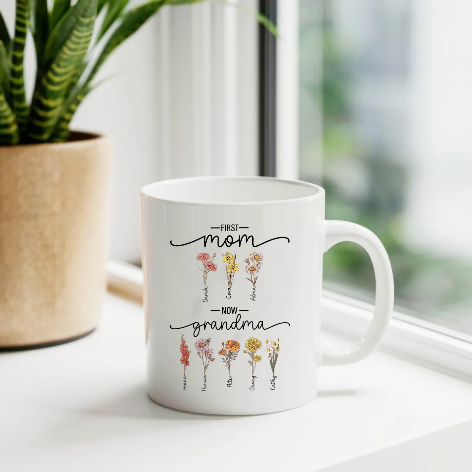 First Mom Now Grandma - Birth Flower Family Custom mug