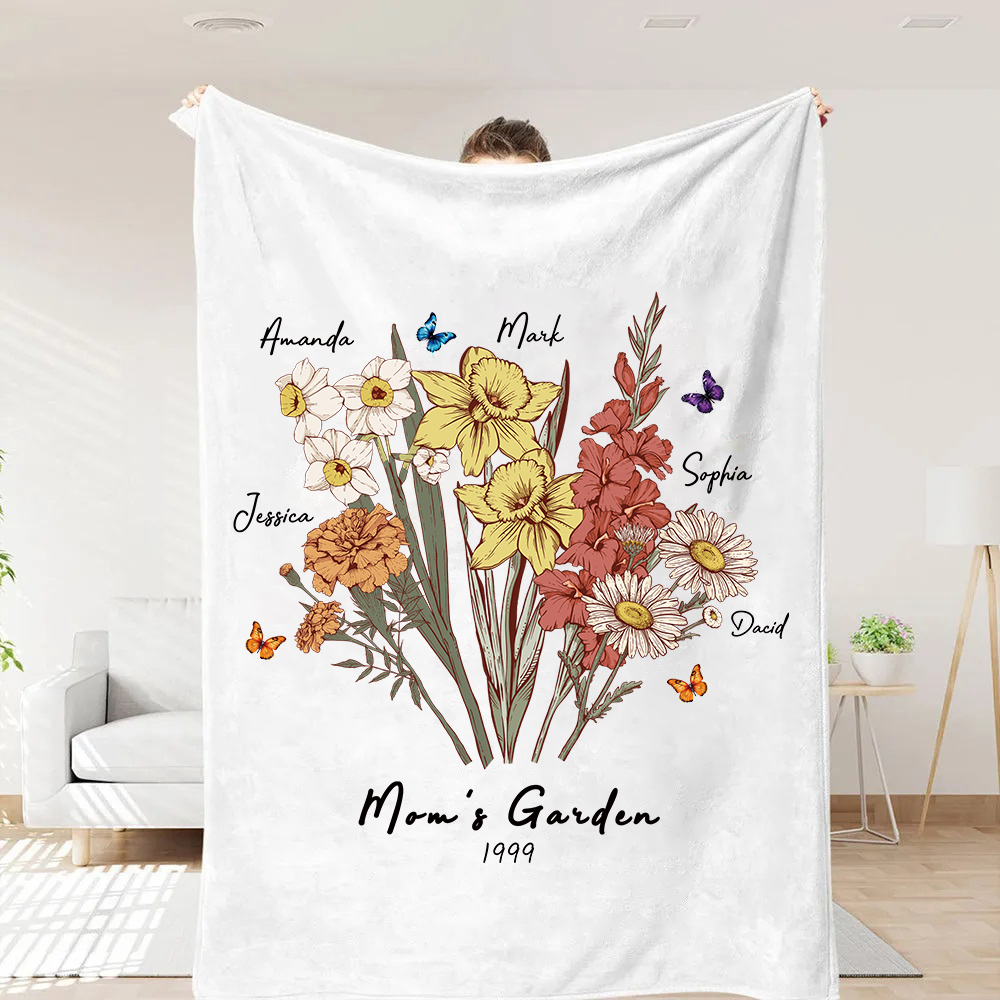 Butterfly Birth Flower Family Bouquet Customized Blanket